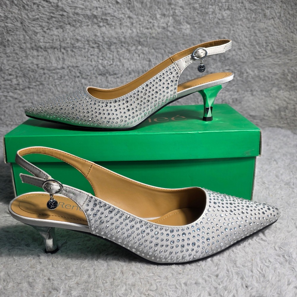 J Renee Steel Gray Silver Satin Rhinestone Slingback‎ Heels 10.5 M Ferryanne NEW